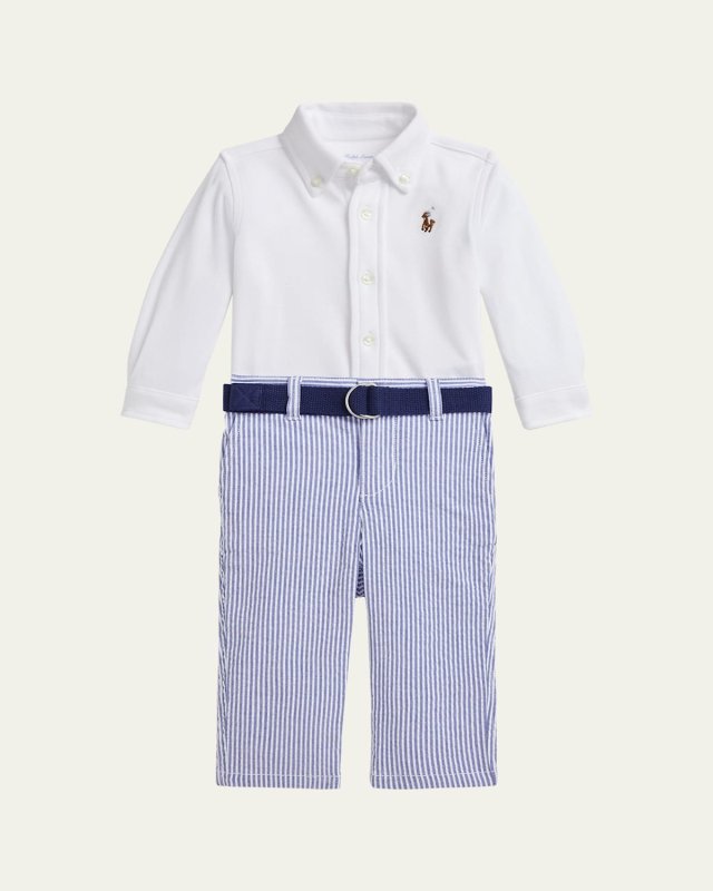Kid's Cotton Shirt & Seersucker Belted Pants Set, Size 3M-24